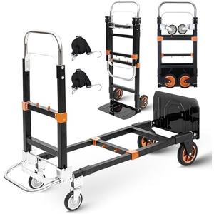 Upgraded 3 in 1 Folding Hand Truck, 600lbs Capacity, Heavy Duty Convertible Dolly with Retractable Handle and 4 Rubber Wheels, Collapsible Cart for Moving Home, Office, Warehouse（Orange）