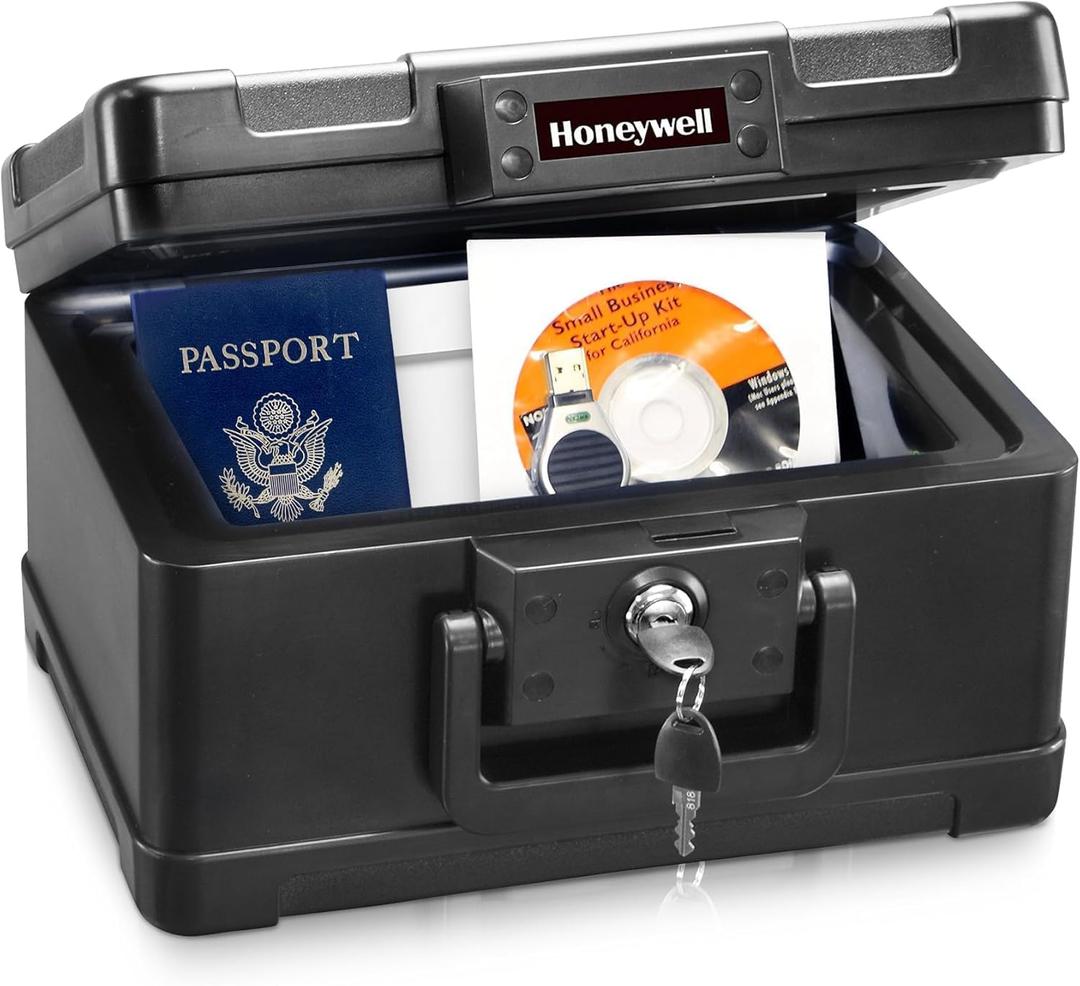 Honeywell Safes & Door Locks - Small Safe Box Chest for Home - Fireproof Safe Holds #10 Envelopes, USB Flash - Strong ABS Plastic - Document, Money Safe with Key Lock System - 0.15 CU, Black - 1101 (4.0 litre) 9.8"D x 12.4"W x 7.3"H