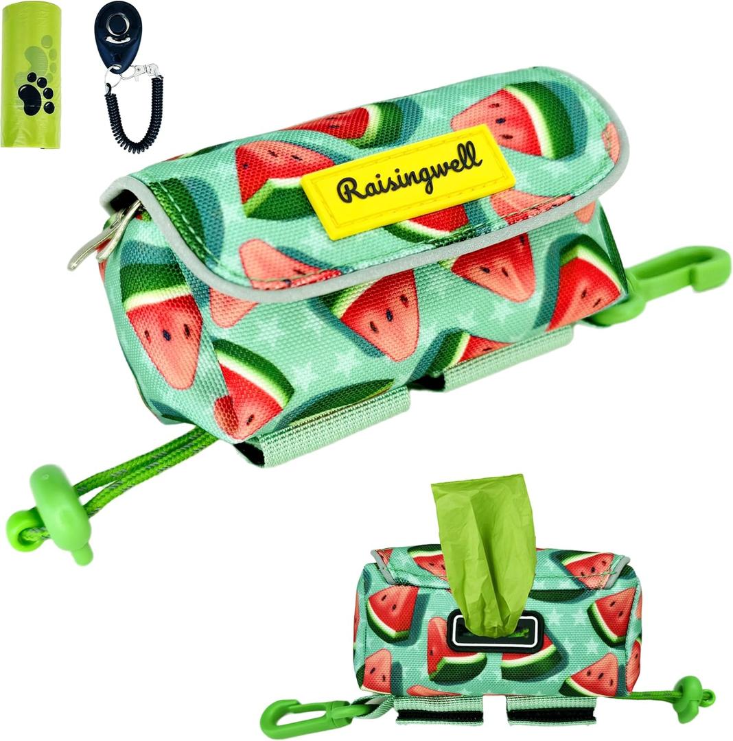 Dog Treat and Poop Bag Holder for Leash, 2 Waterproof Zipper Pouches for Pet Walking Accessories, with Dispenser, Training Clicker and 1 Free Roll (Watermelon)