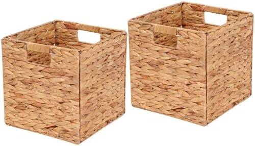 LYJWOO6D Wicker Storage Cubes Wicker Storage Baskets Rectangular Laundry Organizer Totes for Shelves,Foldable Handwoven Water Hyacinth Storage Baskets for Organizing Set of 2 Pcs,11.2x11.2x11.2inch