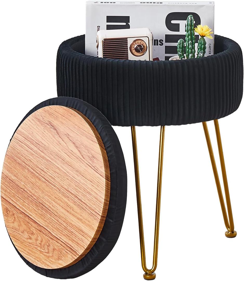 Wimarsbon Vanity Stool Vanity Chair with Storage, Velvet Makeup Stool, Soft Ottoman with Anti-Slip Feet, Furry Padded Seat for Makeup, Bedroom Black
