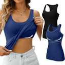 V FOR CITY Womens Shelf Bra Tank Tops Racerback Workout Camis Yoga Shirt Cotton Undershirt 2 Pack (Medium, Black/Navy Blue)