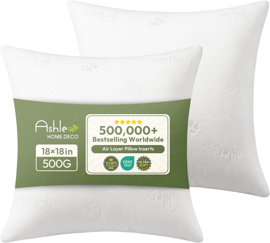 Ashler Throw Pillows Insert- 18x18 Pillow Inserts with Air Layer, Premium Bed and Couch Pillows - Indoor Decorative Throw Pillow, Square Cushion Sham Stuffer, Pack of 2, White