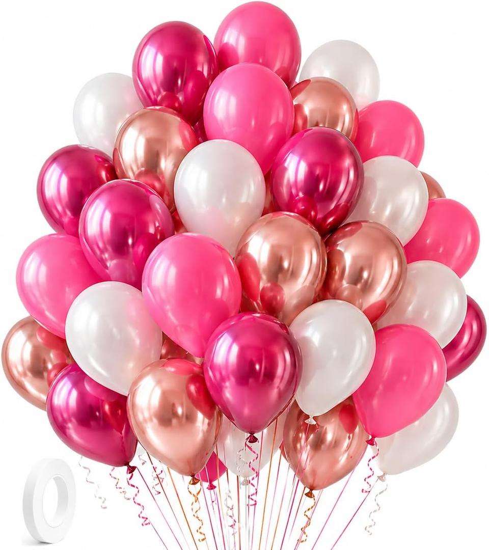 2 x Pink Balloons 60 Pack Hot Pink, Fuchsia, Rose Gold Chrome & White 12 Inch Latex Balloons for Pink Birthday Decorations, Baby Shower Girl, Bridal Shower, Balloon Garland Kit