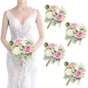 Bridesmaids Bouquets Flowers Set of 4 - Artificial Bridesmaid Bouquet Wedding 7 Inch Rustic Small Floral Centerpiece for Marriage Proposal Party Anniversary Dining Table Decor - Green & Blush Pink