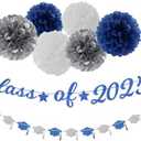 Navy-Blue White-Silver Party-Decorations Graduation Banner - 8pcs Kits Class of 2025 Cap Garland Streamers, Paper Tissue Pom Poms Flowers, Congratulations Grad Decor Lasting Surprise