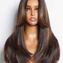 GORGIUS Highlight Lace Front Wig Pre Plucked Glueless Black and Brown Straight Layered Wig Upgraded with Premium Synthetic Fiber 22 Inch