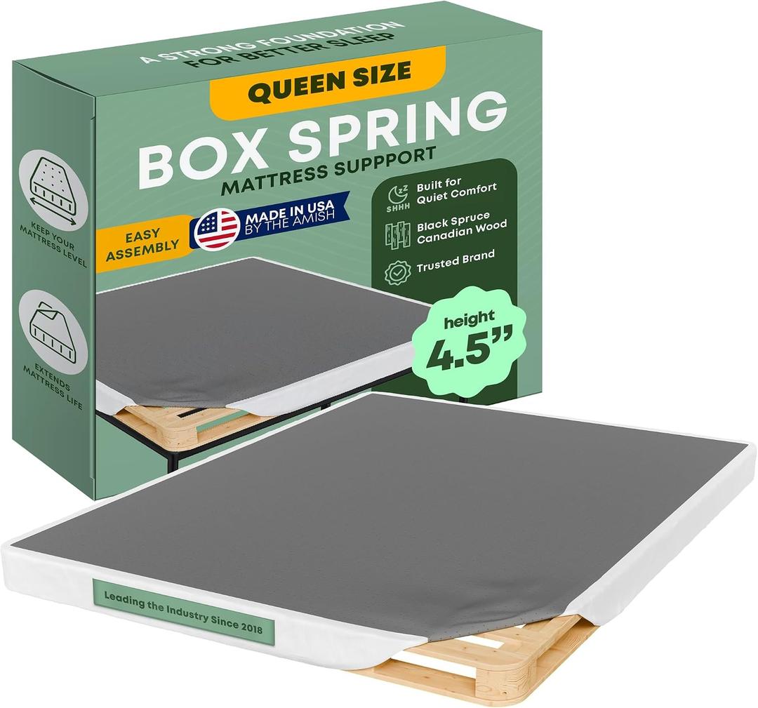 Greaton, 4.5 Queen Box Spring for Queen Bed Amish-Made in the USA Solid Wood Box Spring Mattress Foundation with Stable & Quiet Support Flat-Packed & Easy Assembly White