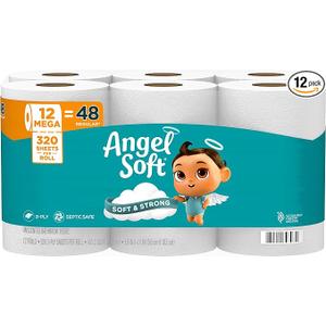 Angel Soft Toilet Paper, 12 Mega Rolls = 48 Regular Rolls, Soft and Strong Toilet Tissue