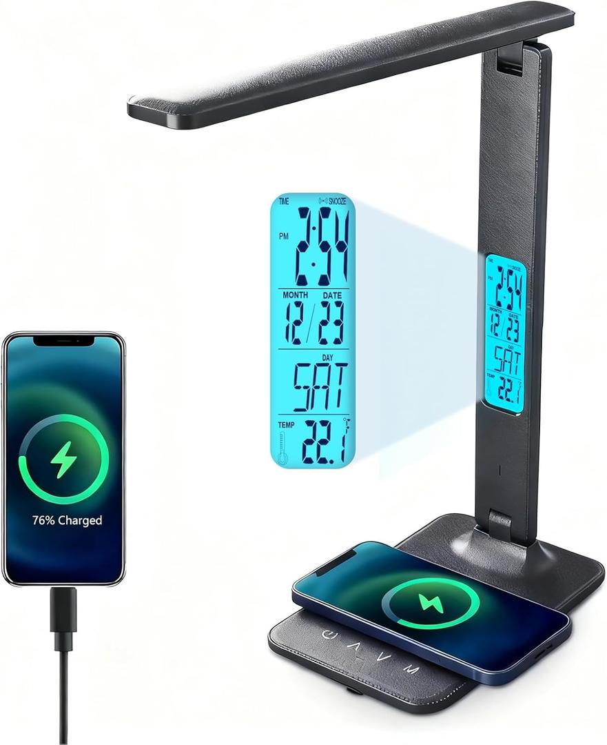 LED Desk Lamp with 10W Wireless Charger & USB Port, Eye-Caring Dimmable Touch Control Lamp with Clock Display, Adjustable Foldable Arm, 5 Brightness & 3 Color Modes for Home Office Study
