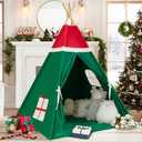 WIRHAO Christmas Tent for Kids with Padded Mat Cotton Canvas Teepee Tent Indoor for Toddlers Kids Play Tent for Girls Boys with Stars Lights, Carry Bag, Banner Flag (Merry Christmas)
