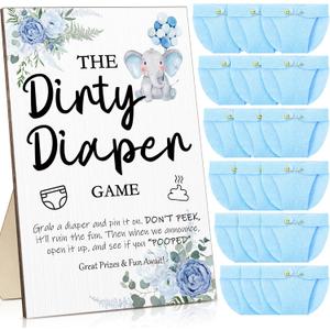 Roowest 51 Pcs Dirty Diaper Baby Shower Games Funny Wooden Sign with 50 Pcs Mini Diapers Cute Felt for Gender Reveal Party Baby Shower(Blue Elephant)