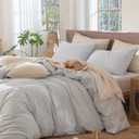 MooMee Striped Duvet Cover Set 100% Washed Cotton Linen Like Textured Breathable Durable Soft Comfy (Cornflower Blue White Classic Stripes, Queen 90"x90")