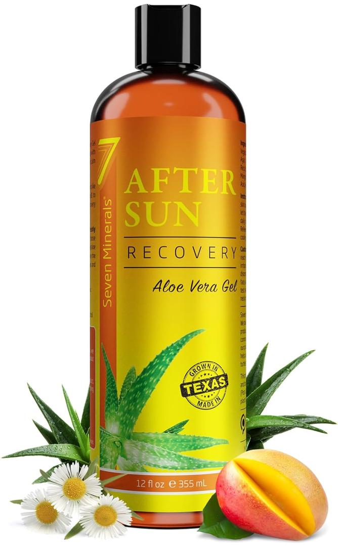 Seven Minerals NEW Recovery After Sun Gel with Aloe Vera - For Skin with Instant Sunburn Relief. Unlike Regular Aftersun Lotion, Ours Is Made From Texas Aloe. With Mango & Chamomile (12 Fl Oz)