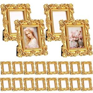 AceOrbit 20 Pcs 2x3 Inch Mini Gold Picture Frames for Wedding Small Victorian Vintage Antique Ornate Retro Baroque Photo Frame Pack with Backboard for Wall Hanging Tabletop Display Decor (Square)