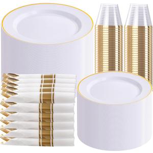 SUT 350 Pcs Gold and White Plastic Dinnerware Set for 50 Guests, Include: 50 Dinner Plates, 50 Dessert Plates, 50 Pre Rolled Napkins With Silverware, 50 Cups, Disposable Plates for Party, Wedding