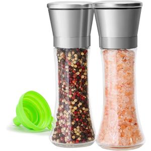 Premium Stainless Steel Sea Salt and Pepper Grinder Set of 2 - Adjustable Ceramic - Tall Glass Salt and Pepper Shakers - Pepper Mill & Salt Mill W/Funnel (2.6"W x 7.5"H)