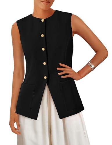 PRETTYGARDEN Blazer Vest Tops for Women Sleeveless Button Down Business Casual Outfits Work Suit Vests Waistcoat(Black,Large)