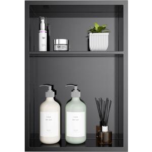 12" x 18" Stainless Steel Shower Niche  Recessed 2-Tier Shower Shelf, 12"x12" Upper & 12"x6" Lower Storage, Modern Bathroom Wall Niche (Black)