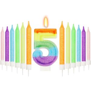 Rainbow 5th Number Candle for Cake, 13 Pcs Birthday Candles Set, Pastel Rainbow Cake Topper Birthday Party Decorations (Number 5)