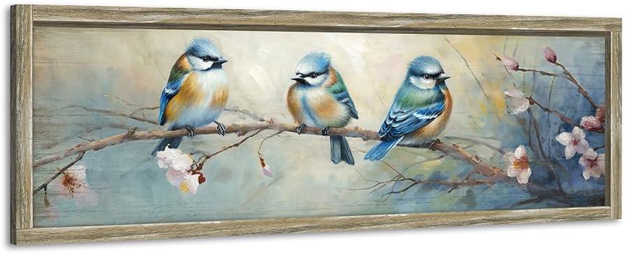 Colorful BlueBird Wooden Wall Art: Rustic Bird Framed Painting Vintage Sparrow Picture Cute Chickadee on Flower Branch Prints Countryside Artwork Decor for Living Room Bedroom Farmhouse (36"L x 12"W)