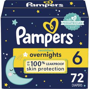 Pampers Overnight Diapers - Swaddlers Overnights - Size 6, 72 Count, Disposable Baby Diaper, Night Time Leak and Skin Protection