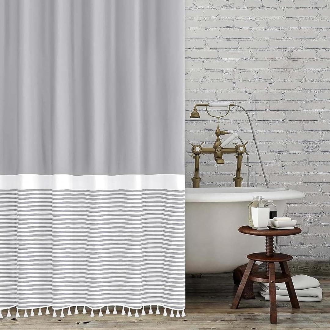 Seasonwood Grey Shower Curtain Modern Fabric Shower Curtains White Tassels Farmhouse Shower Curtains Striped Shower Curtain Waterproof 72x72 Inch