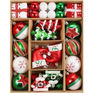 Christmas Ball Ornaments Set, 50 ct Red Green White Assorted Xmas Elements Theme Ornaments, Shatterproof Decorative Hanging Ball Ornaments for Holidays Party Wedding Christmas Tree Decoration