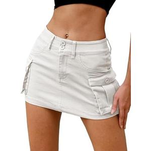 ELLEVEN High Stretchy Denim Cargo Skort for Women, High Waist, Casual Mini Y2K Jean Skirt Shorts with Pockets, XL