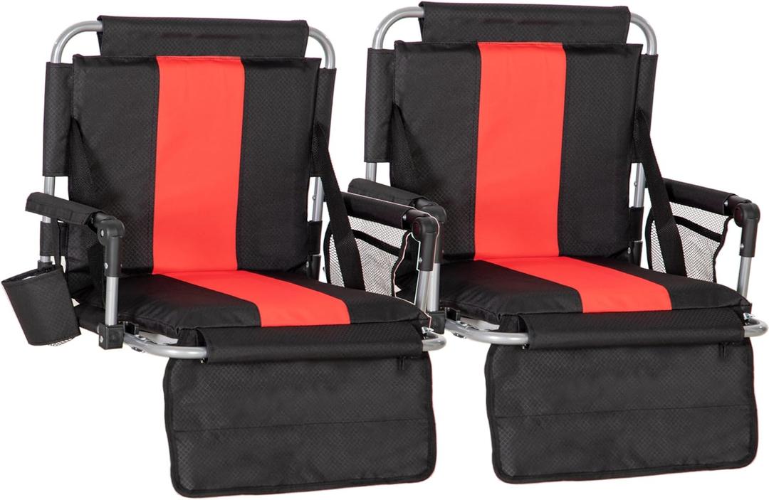 LET'S CAMP Folding Stadium Seat Bleacher Chair with Cup Holder, Mesh Bag and Hide Hooks, Portable Stadium Chair with Back and Cushion (Black Red - 2 Pcs)