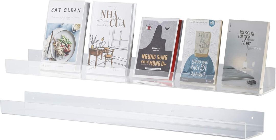 36" x 4.7 Acrylic Floating Bookshelf, 5mm Thick Crystal Clear Wall Ledge Shelf Wall Mounted Shelves for Books, Pictures, Phones, Small Toy Storage (2)