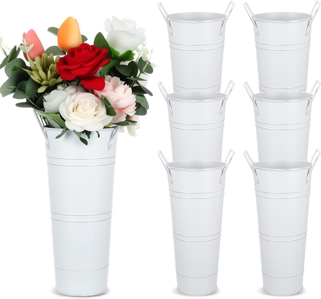 6 Pcs 10 Inch Galvanized Flower Bucket and Metal Vase with Handles Buckets Vintage Metal Vases for Flower Centerpieces Floral Wedding Arrangements Cut Flowers for Home Deco