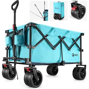 VILLEY Collapsible Folding Wagon with Big Wheels, All Terrain Beach Wagon Cart Heavy Duty Foldable, Enlarged 225lbs Capacity, Portable Utility Garden Cart with 2 Cup Holders and Brake, Blue