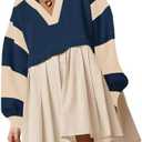 SAUKOLE Women’s Oversized Casual Sweatshirt Patchwork Dress Fall Long Sleeve Trendy Lapel Neck Pleated Mini Dress Small