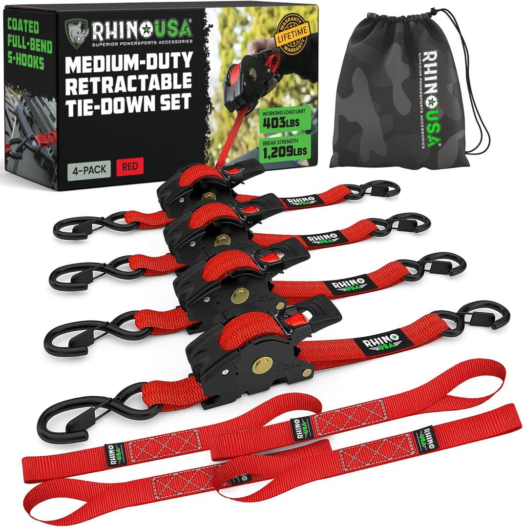 Rhino USA Retractable Ratchet Straps (4-Pack) - 1 Inch x 10 Feet (1,209lb Break Strength) - Auto Self Retracting Tie Down Straps for Truck, Cargo Trailer, Motorcycle, ATV, UTV - Red