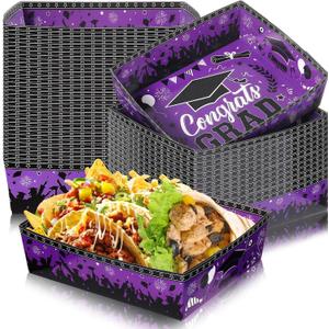 Tenceur 36 Pcs 2026 Purple Graduation Serving Food Trays 5 lb Large Grad Party Dessert Plates Bowls Paper Disposable Chip Boats for Party Supplies