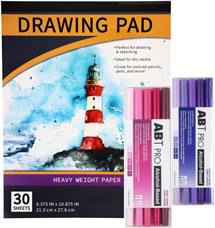 ART SET 11 ABTPRO. Pink & Purple Tones Alcohol Markers Dual Tip  ART Drawing Pad 9"x12" 30 Sheets Heavy Weight Paper