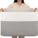 OIAHOMY 108L Extra Large Blanket Basket, 25x16x16 Laundry Basket, Blanket Storage for Living Room, Dog Toy Storage with Handle - Grey & White