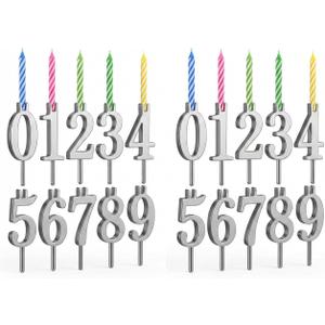 20 Pack Reusable Number Birthday Cakes Candle Holder Set - Silver Number Candle Holders Stand - Metal Cake Topper Decorations