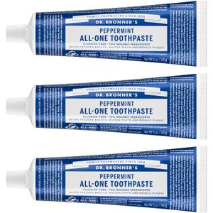 Dr. Bronners All-One Toothpaste Pack of 3 Peppermint, 5 oz Fluoride-Free Toothpaste for Adults, SLS-Free, 70% Organic & Natural Ingredients, Vegan, Helps Freshen Breath & Reduce Plaque