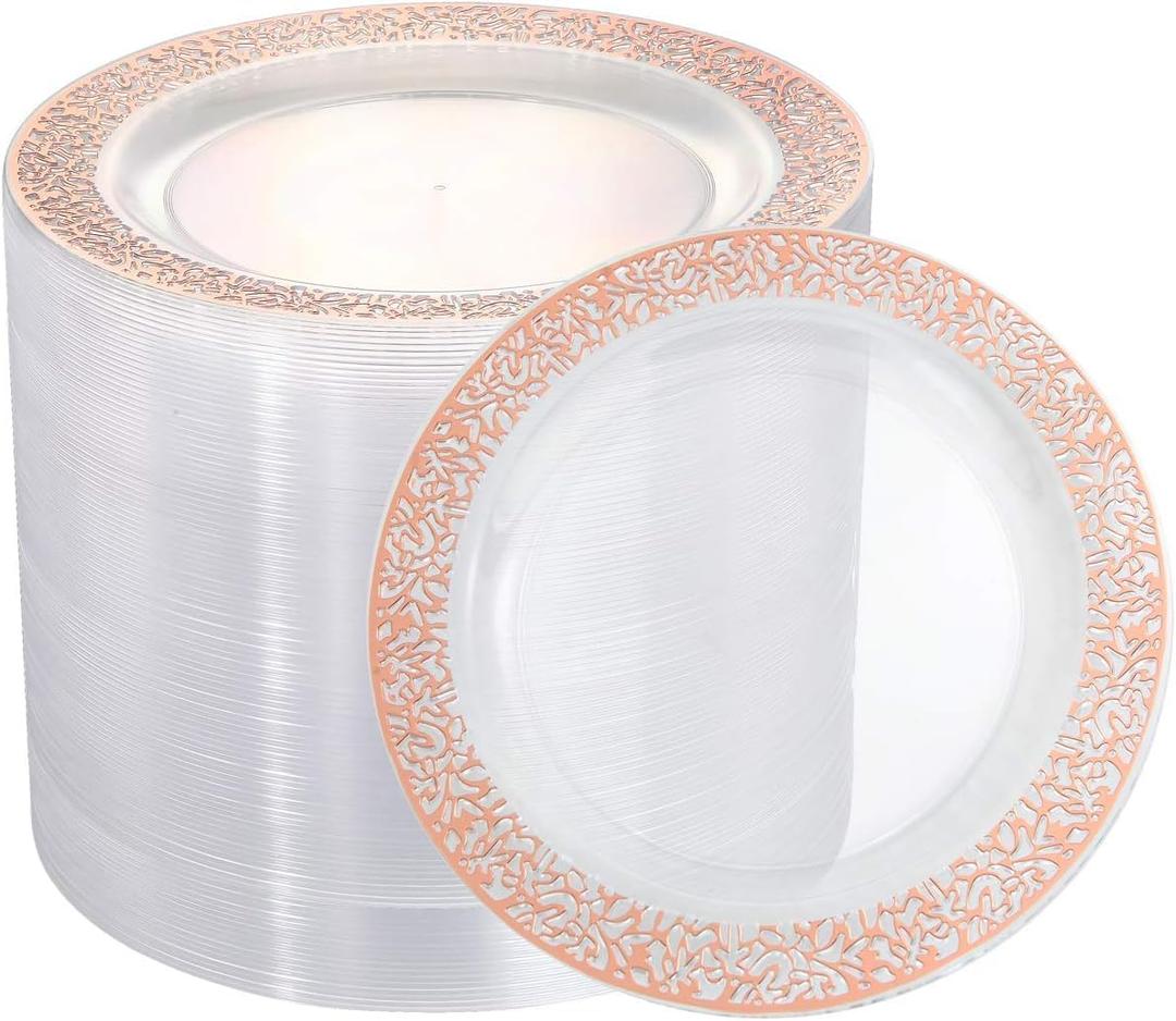 I00000 102 Pieces Rose Gold Plastic Lunch Plates, 10 Clear Disposable Dinner Plates with Rose Gold Lace Rim, Ideal for Big Parties or Wedding for Wedding & Party
