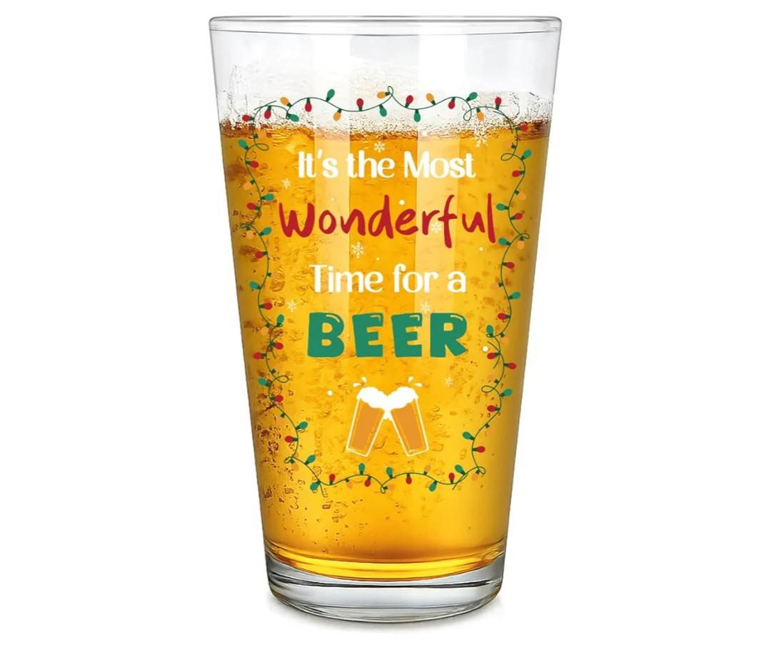 It's the Most Wonderful Time for a Beer Glass, Christmas Gifts for Men, Beer Lovers, Dad, Father, Grandpa, Christmas Party Glass Cup, 15 OZ