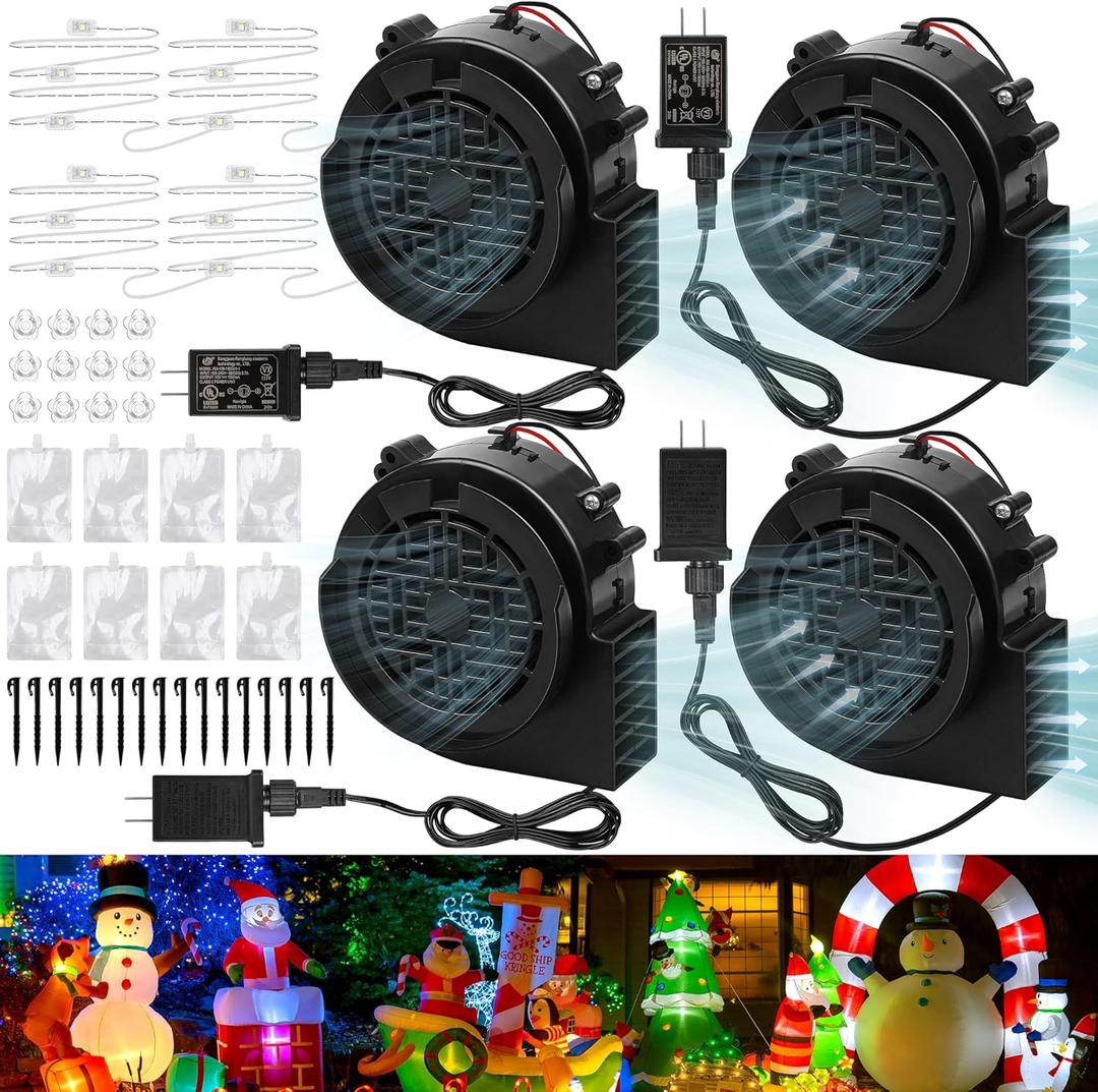 4 Set Christmas Inflatable Blower 1.2A Inflatable Fan Replacement Air Blower with 1.5A Adapter 12 LED Light String Tent Stake Weight Bag for Xmas Thanksgiving Halloween Yard Outdoor Decor