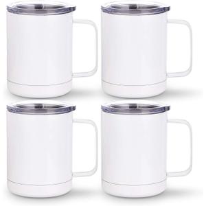 PYD Life Sublimation Coffee Mugs 10 OZ White Blanks Stainless Steel Double Wall Tumbler with Handle and Lid for Mug Tumbler Press Machine Sublimation Print 4 Pack