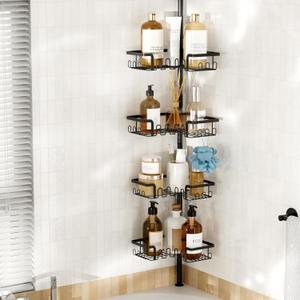 Corner Shower Caddy Tension Pole Adjustable 29124 Inch, 4 Tier Rustproof Shower Organizer Shelf Rack, Quick Installation Bathroom Storage Shower Caddy Corner Pole, Black