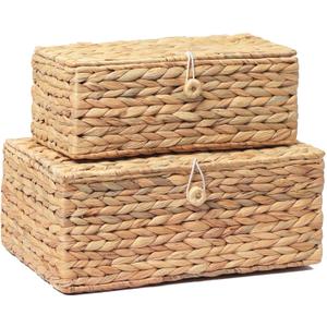 LUSYDECO Set of 2 Rectangular Wicker Storage Bins with Lid, Rattan Basket Decorative Boxes, Multipurpose Organizer Display Boxes for Shelf Organizer, Boho Rattan Box for Home Decoration