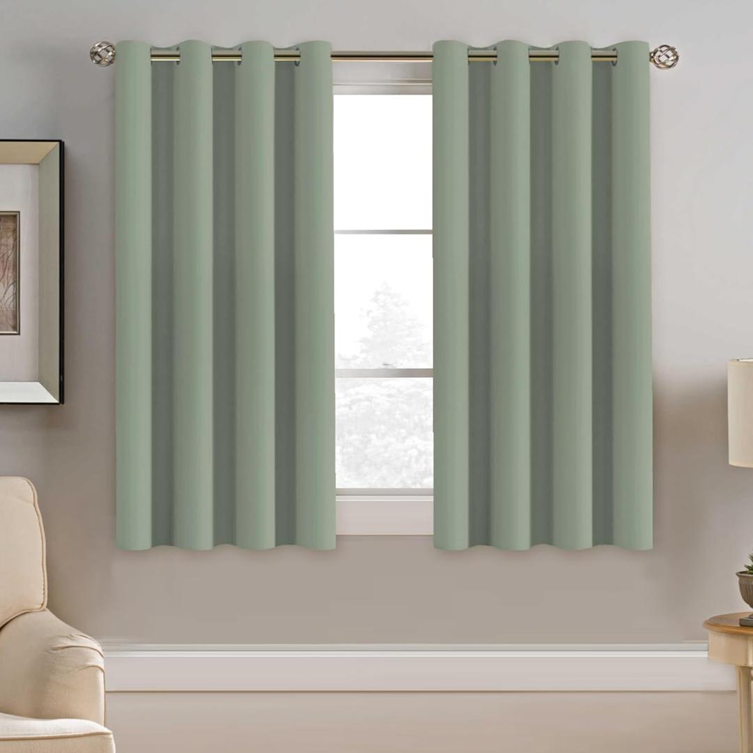 H.VERSAILTEX Blackout Curtain for Living Room Small Window Kitchen Blackout Curtains 45 inch Length Energy Saving Solid Grommet Blackout Drape, One Panel, Sea Grass, 52" W x 45" L