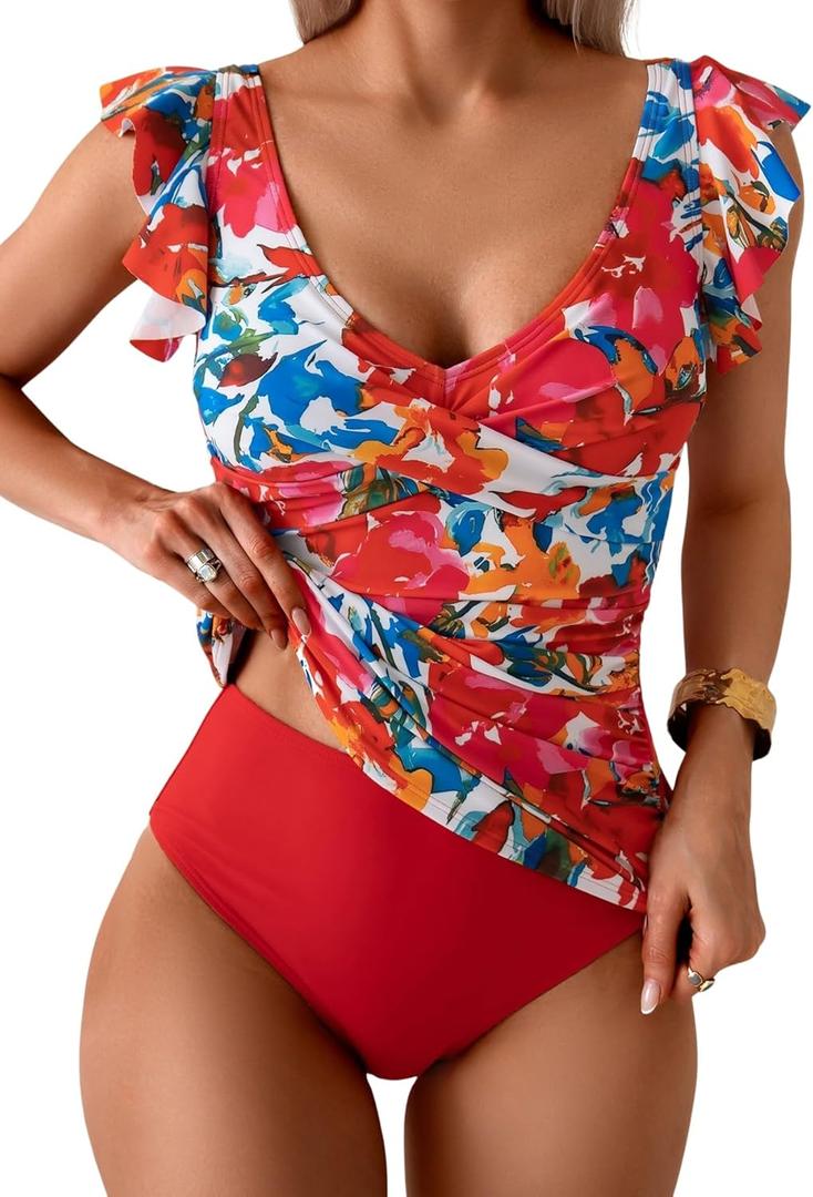 Tankini Swimsuit for Women Tummy Control Two Piece Bathing Suit Ruched Ruffle Swimwear Top with Bottom (Large, Red Blue Floral)