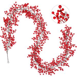 Joyhalo Red Berry Garland - 8.9 FT Christmas Cranberry Garland for Christmas Tree, Winter Holly Berries for Decorating Mantle Xmas Tree Window Door Indoor Outdoor Holiday Decoration (1 Pack)
