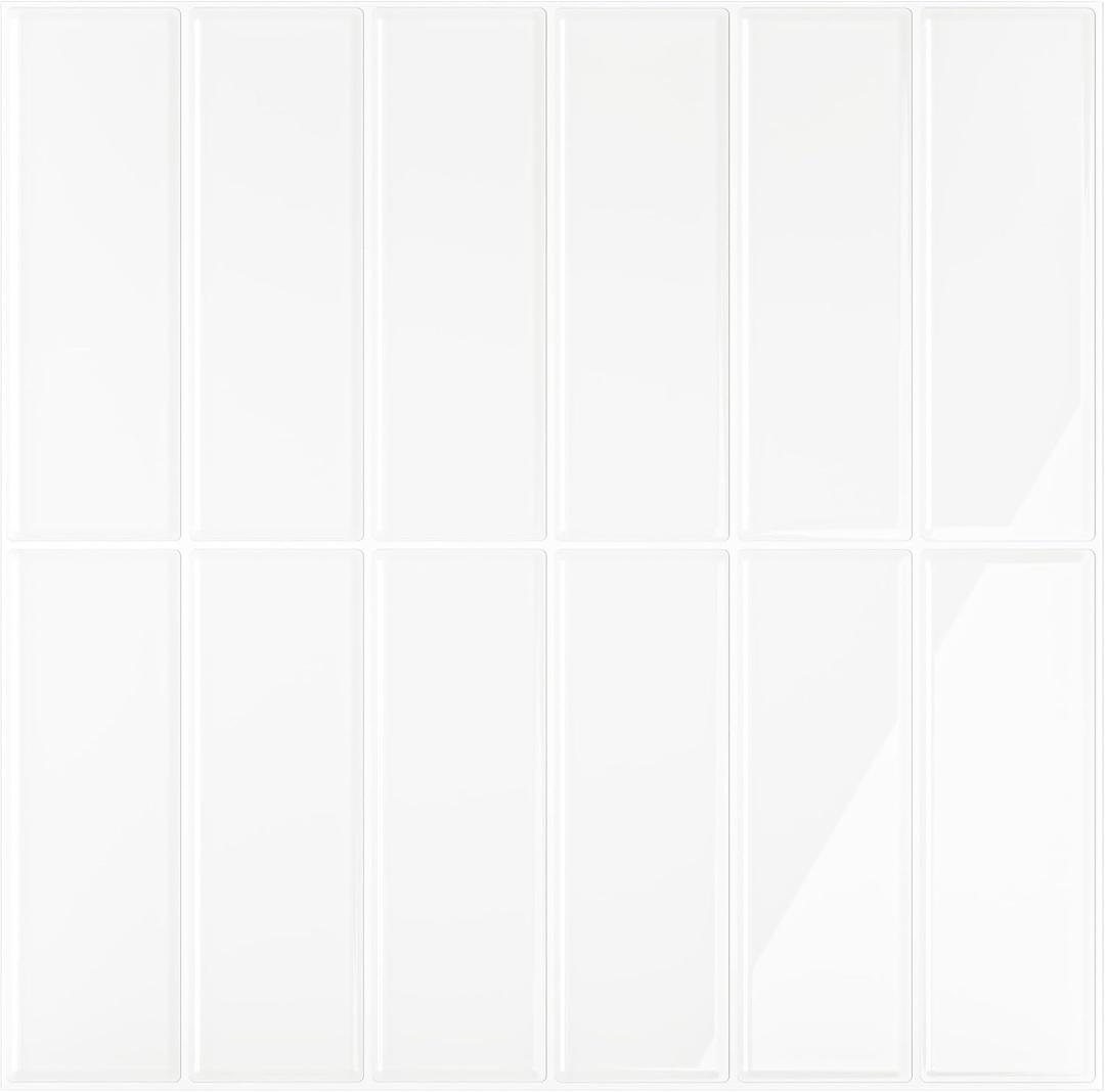 VEELIKE Classic White Straight Linear Peel and Stick Backsplash Stick on Tiles for Kitchen Bathroom 6 Sheet Self Adhesive Ceramic Wall Tiles Peel and Stick Waterproof Back Splash for Kitchen 12''x12''
